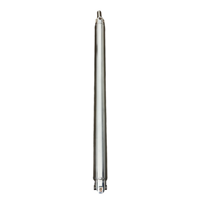 DP Customs 5-inch billet yoke driveshaft showing polished metal construction and precise machining details.