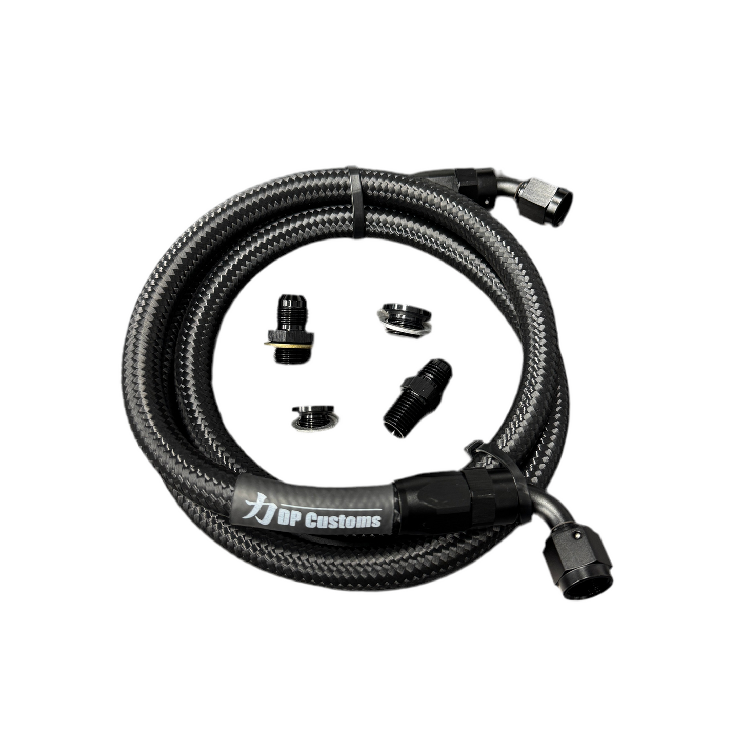 DP Customs turbo oil feed line for S300 and S400 turbos, black metal pipe with fittings, designed for high-performance automotive use