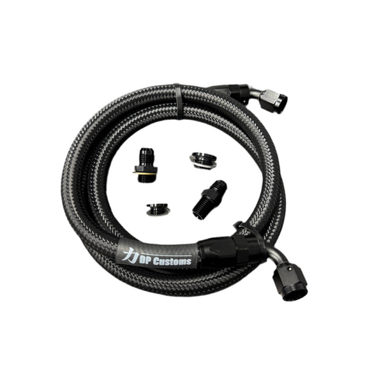 DP Customs turbo oil feed line for S300 and S400 turbos, black metal pipe with fittings, designed for high-performance automotive use