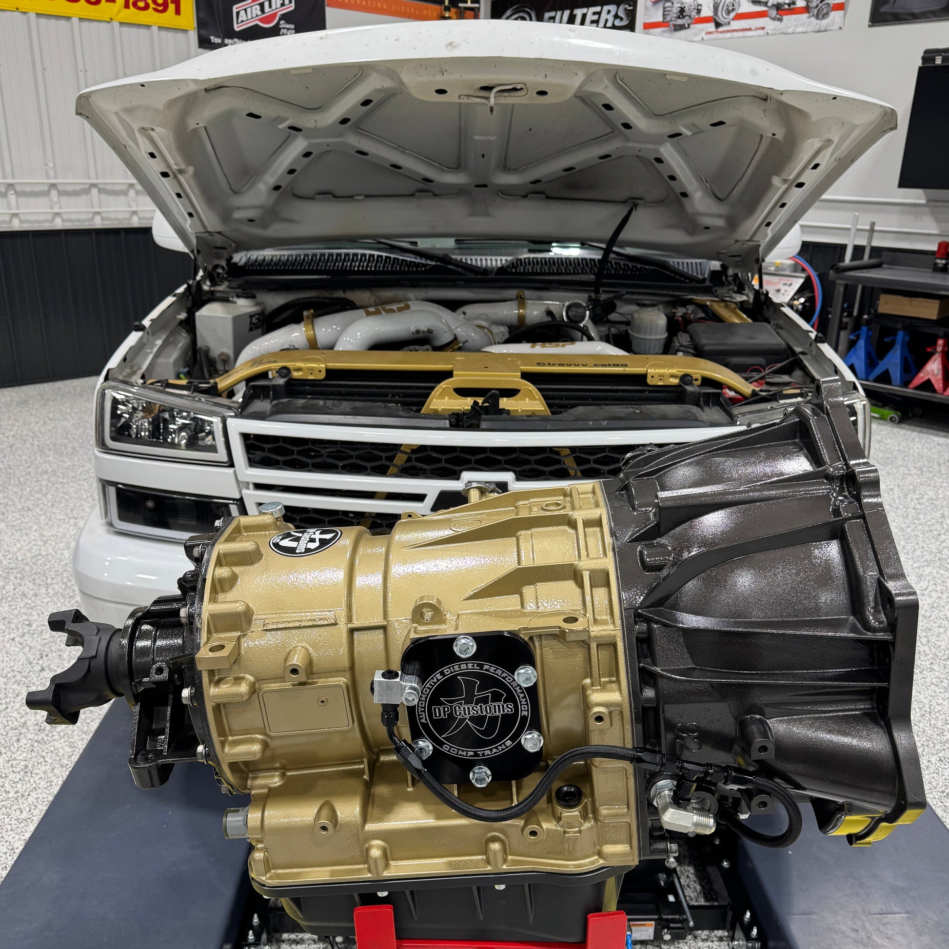 DP Customs Allison 1000+hp competition transmission showing detailed metallic components and robust construction.