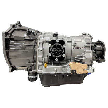 DP Customs Allison 750hp Street Trans transmission with detailed metal components and industrial design for high-performance vehicles.