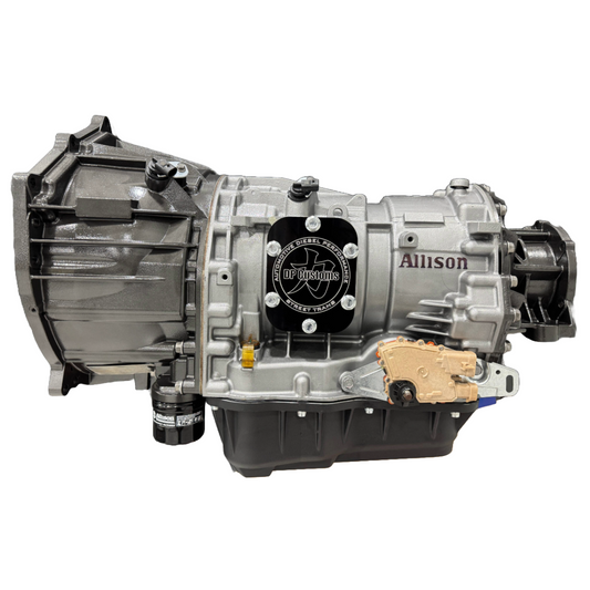 DP Customs Allison 750hp Street Trans transmission with detailed metal components and industrial design for high-performance vehicles.