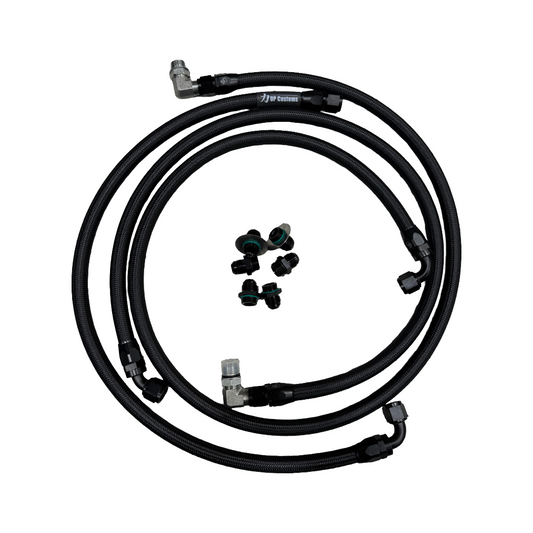 DP Customs Allison Duramax 5/8-10 AN transmission line kit with metal fittings and braided hoses for durable engine performance.