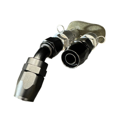 DP Customs billet -10 AN GM heater core adapter fitting, shows polished metal fitting with threaded ends for automotive use.