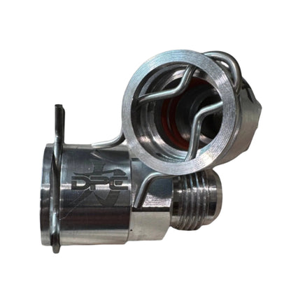 DP Customs billet -10 AN GM heater core adapter fitting with sleek metal finish, designed for automotive cooling system upgrades.