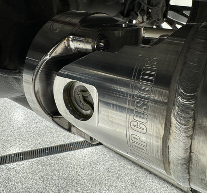 DP Customs Billet 1480 aluminum driveshaft yoke showcasing high-quality CNC-machined metal component with precise engineering features.