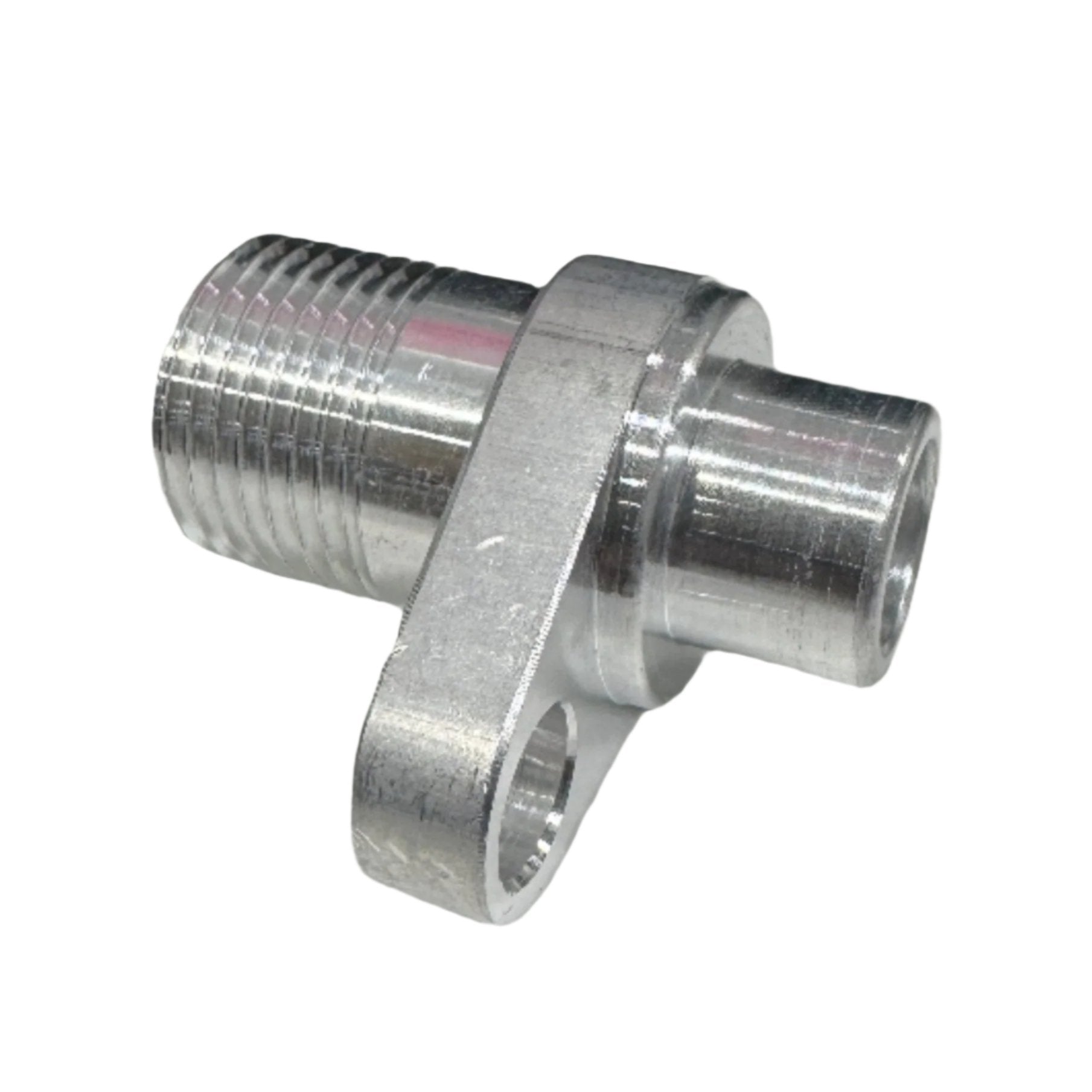 DP Customs billet AC accumulator fitting adapter, shown in close-up with detailed machining and mounting features.