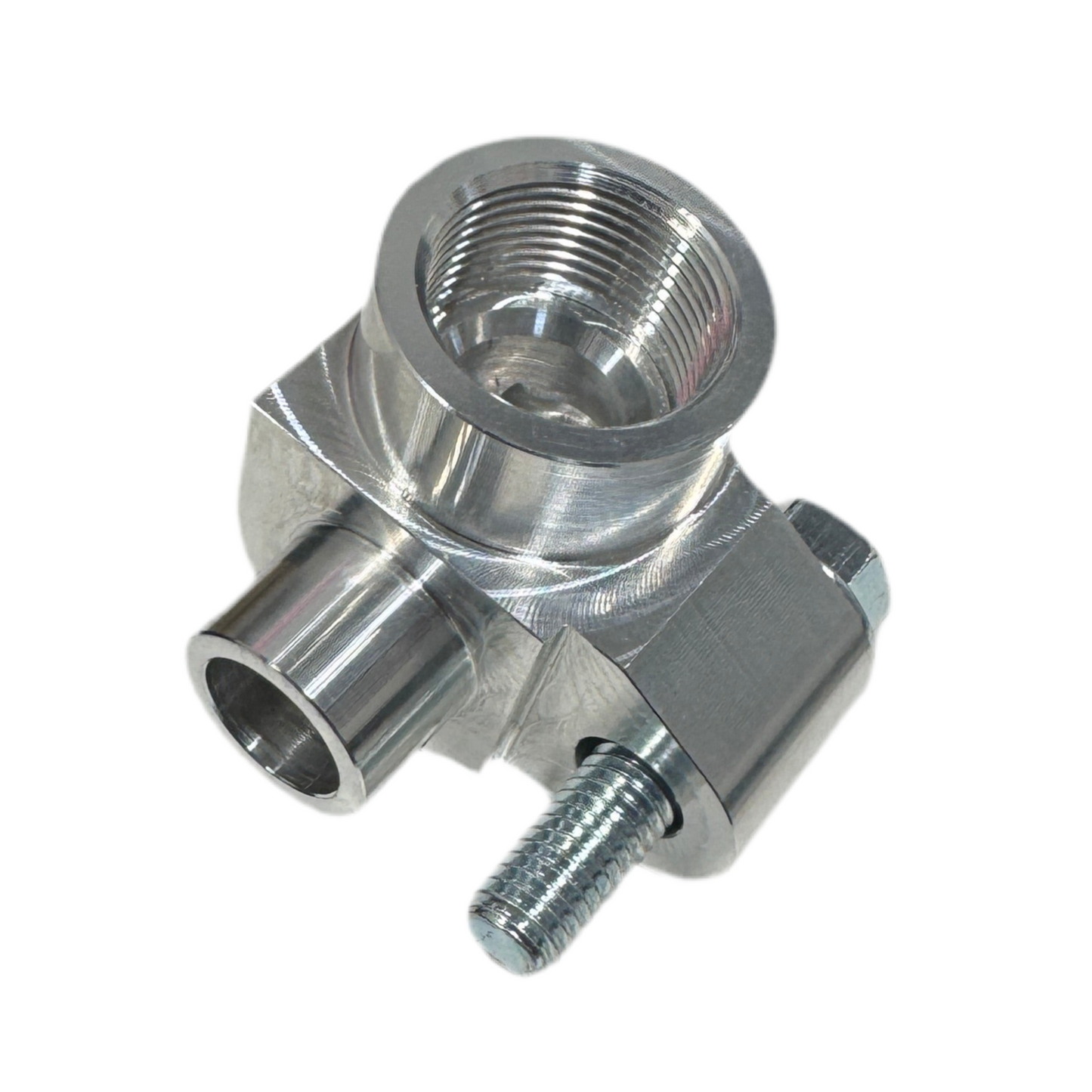 DP Customs Billet AC compressor adapter showing polished metal finish and detailed machining for automotive AC systems.