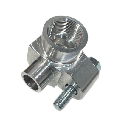 DP Customs Billet AC compressor adapter showing polished metal finish and detailed machining for automotive AC systems.