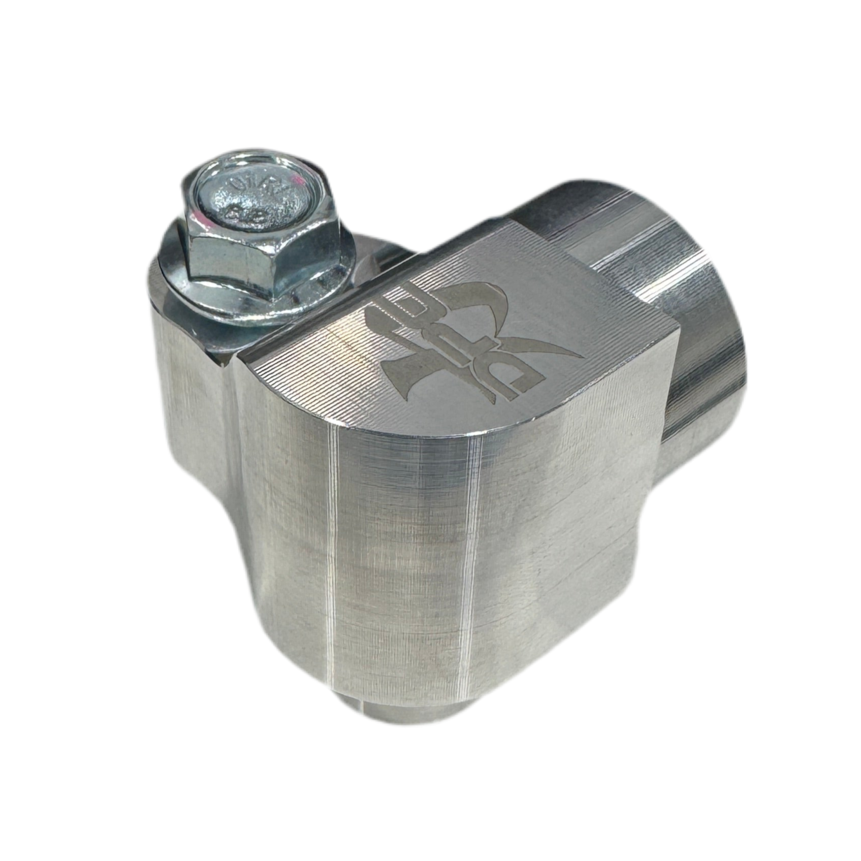 DP Customs billet AC compressor adapter showing a sleek, machined aluminum component with precise mounting points.