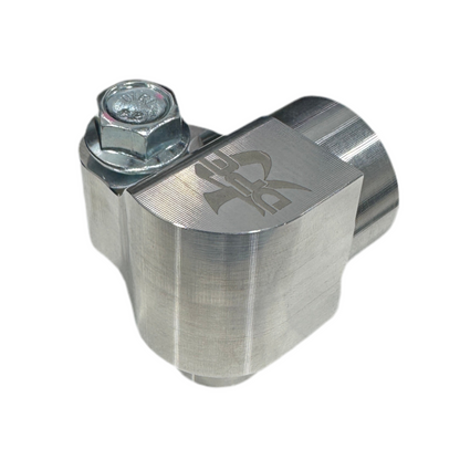DP Customs billet AC compressor adapter showing a sleek, machined aluminum component with precise mounting points.