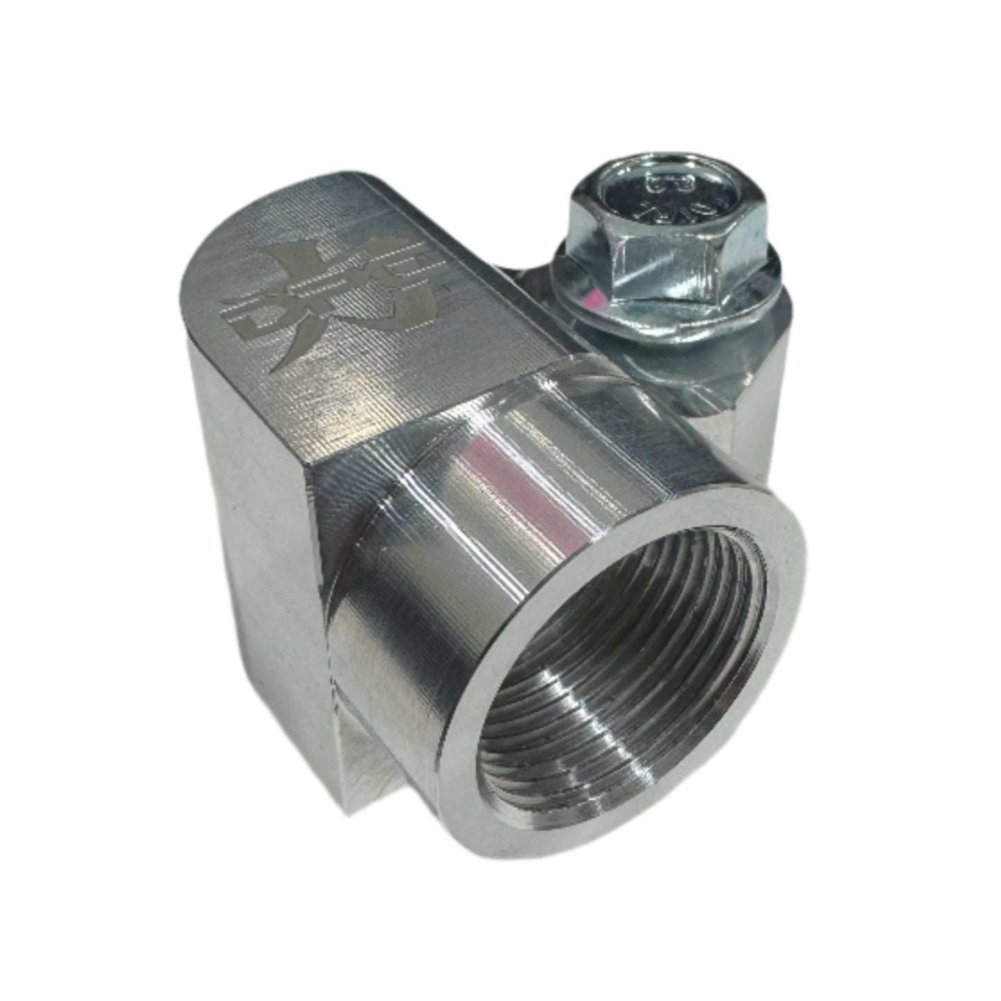 DP Customs billet AC compressor adapter showing polished metal finish and precise machining for automotive AC system installation.