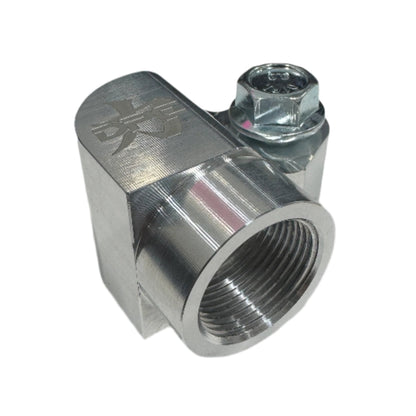DP Customs billet AC compressor adapter showing polished metal finish and precise machining for automotive AC system installation.