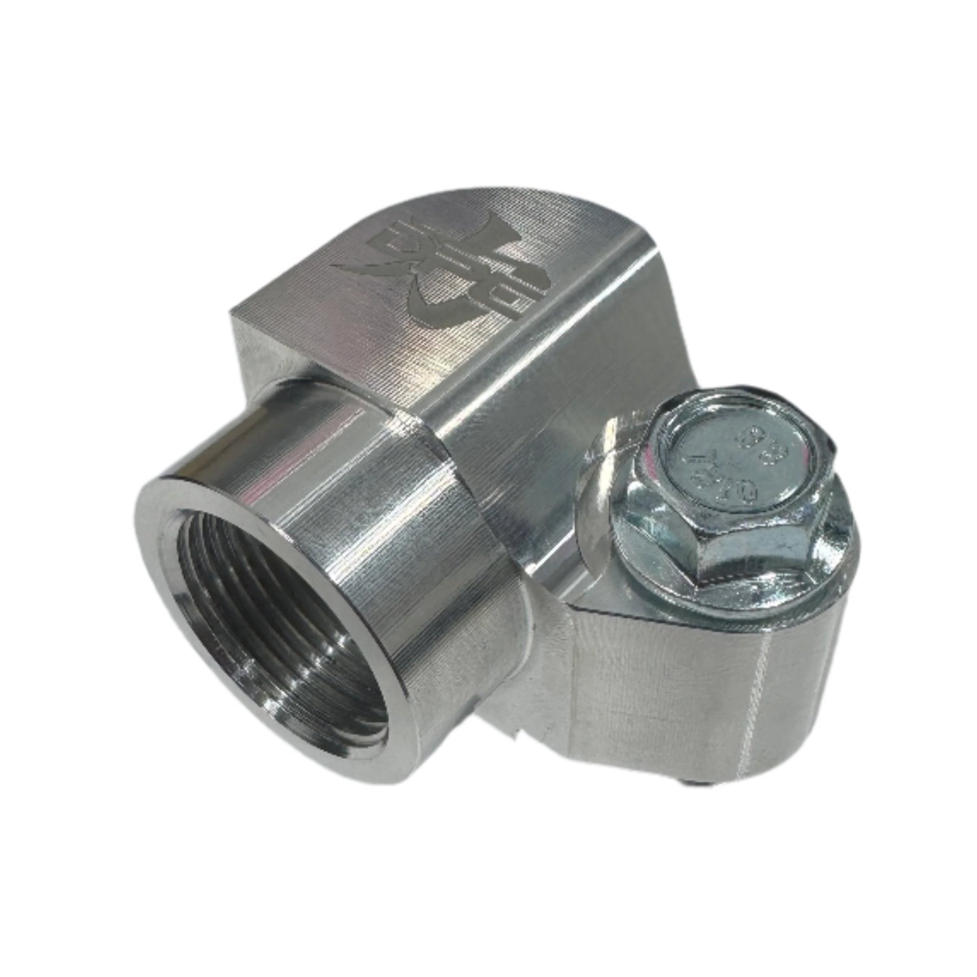 DP Customs billet AC compressor adapter mounted on vehicle engine for improved accessory installation and performance.