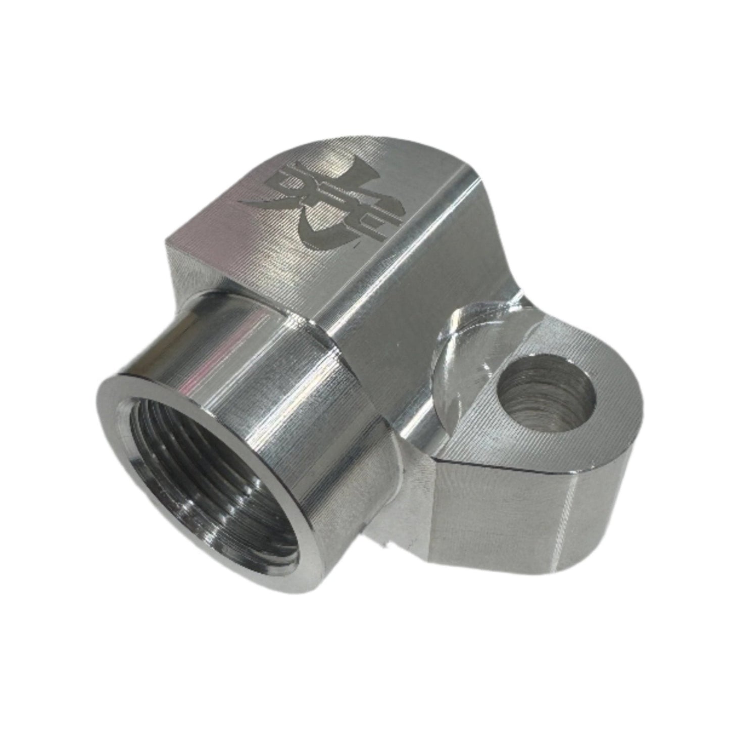 DP Customs billet AC compressor adapter shown in an image featuring precision-machined aluminum component for automotive AC systems.