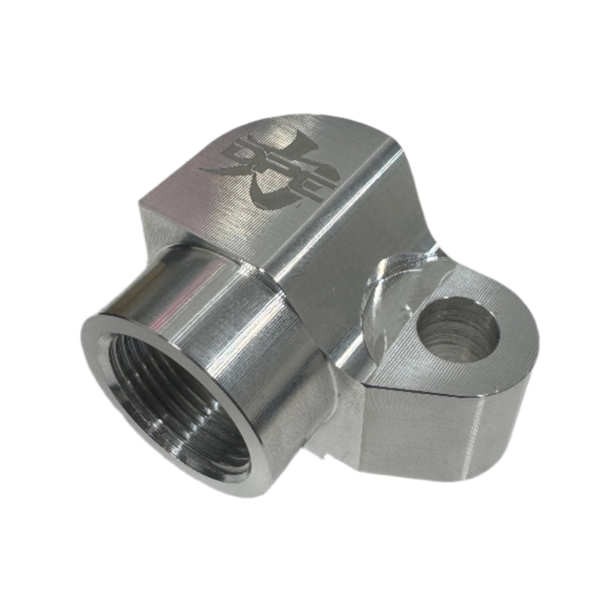 DP Customs billet AC compressor adapter shown in an image featuring precision-machined aluminum component for automotive AC systems.