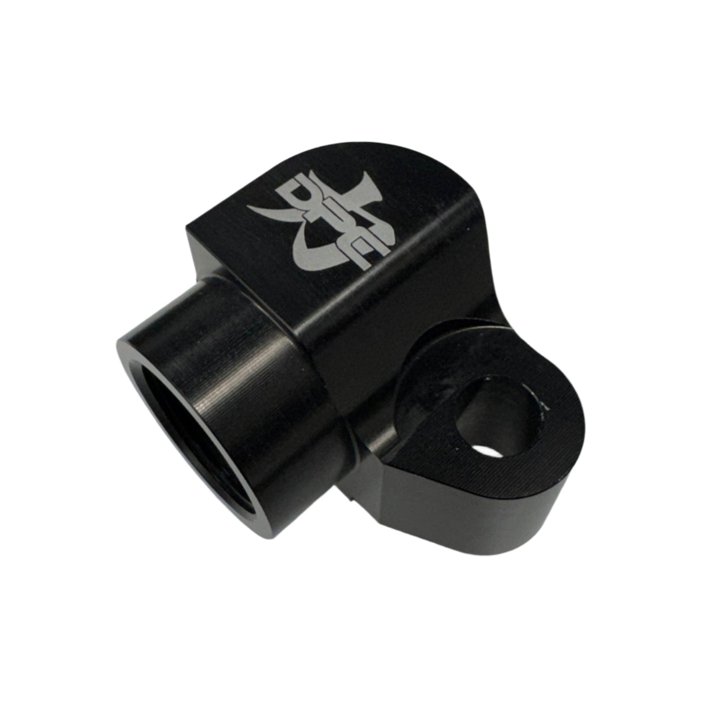 DP Customs billet AC compressor adapter shown in silver metal with precise machining details.