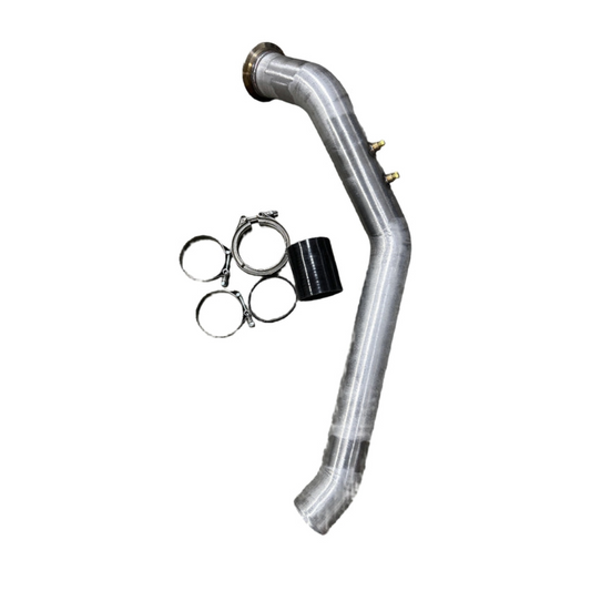 DP Customs Duramax 2001-2010 S400 hot side intercooler pipe showing polished metal with inlet and outlet connections.