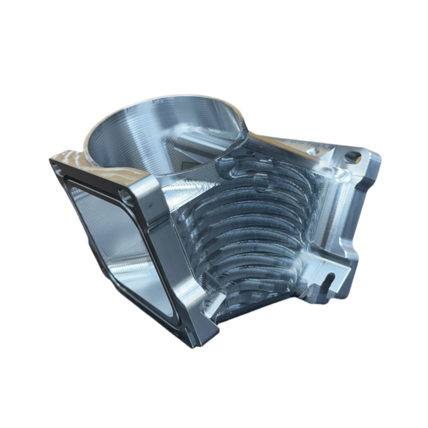 DP Customs Duramax 3.5-inch billet Y bridge, automotive engine component, showcasing polished aluminum finish and precision machining.