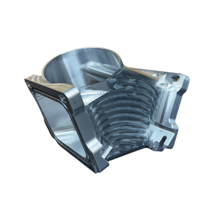 DP Customs Duramax 3.5-inch billet Y bridge, automotive engine component, showcasing polished aluminum finish and precision machining.