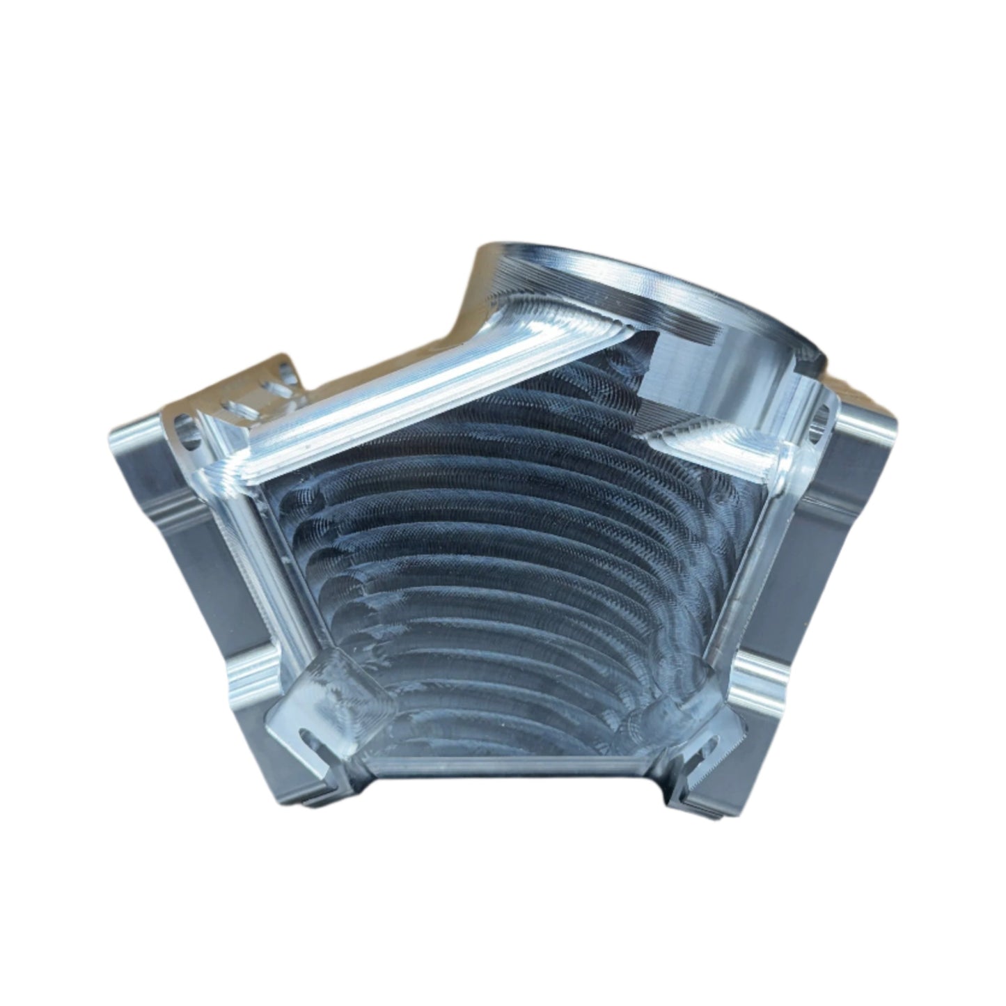 DP Customs Duramax 3.5-inch billet Y bridge for engine airflow, showcasing polished metal construction and precise machining.