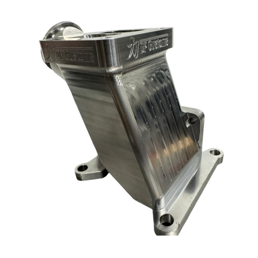 DP Customs Duramax Billet T4 Wastegate Pedestal showing polished metal construction and mounting features for turbocharger setup.