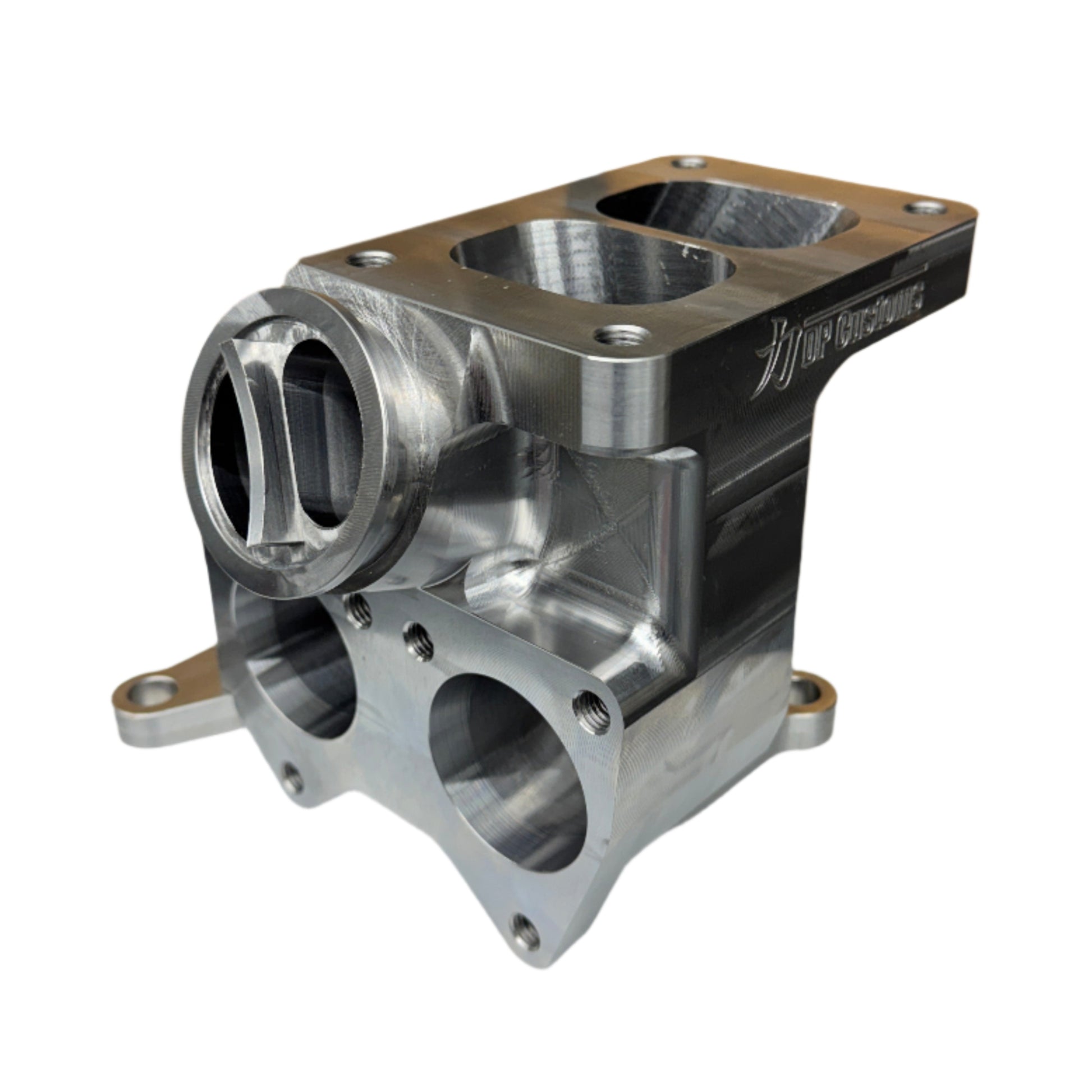 DP Customs Duramax billet T6 wastegate pedestal mounted on a turbocharger for Duramax diesel engine performance.