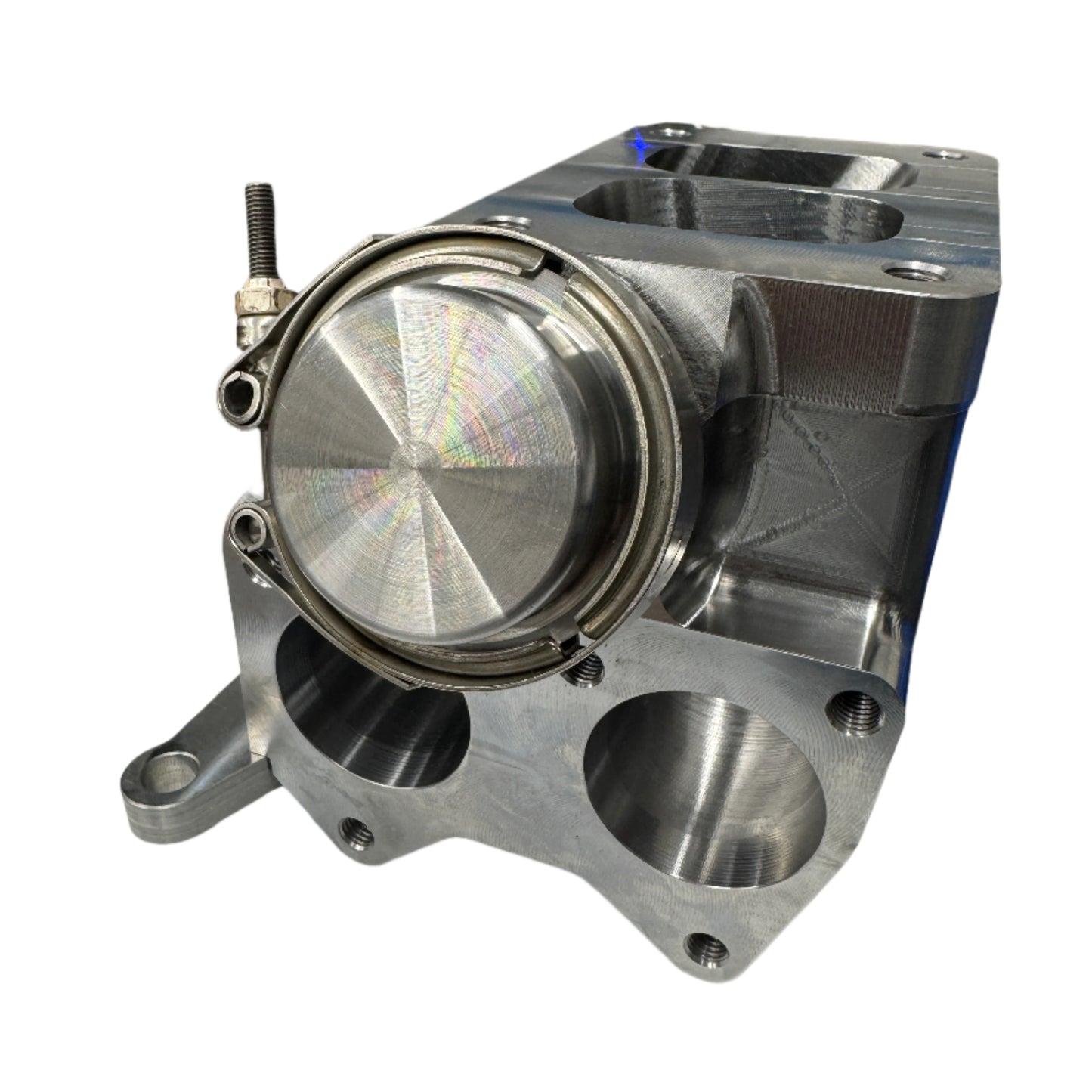 DP Customs Duramax billet T6 wastegate pedestal mounted on a turbocharger for Duramax diesel engines.