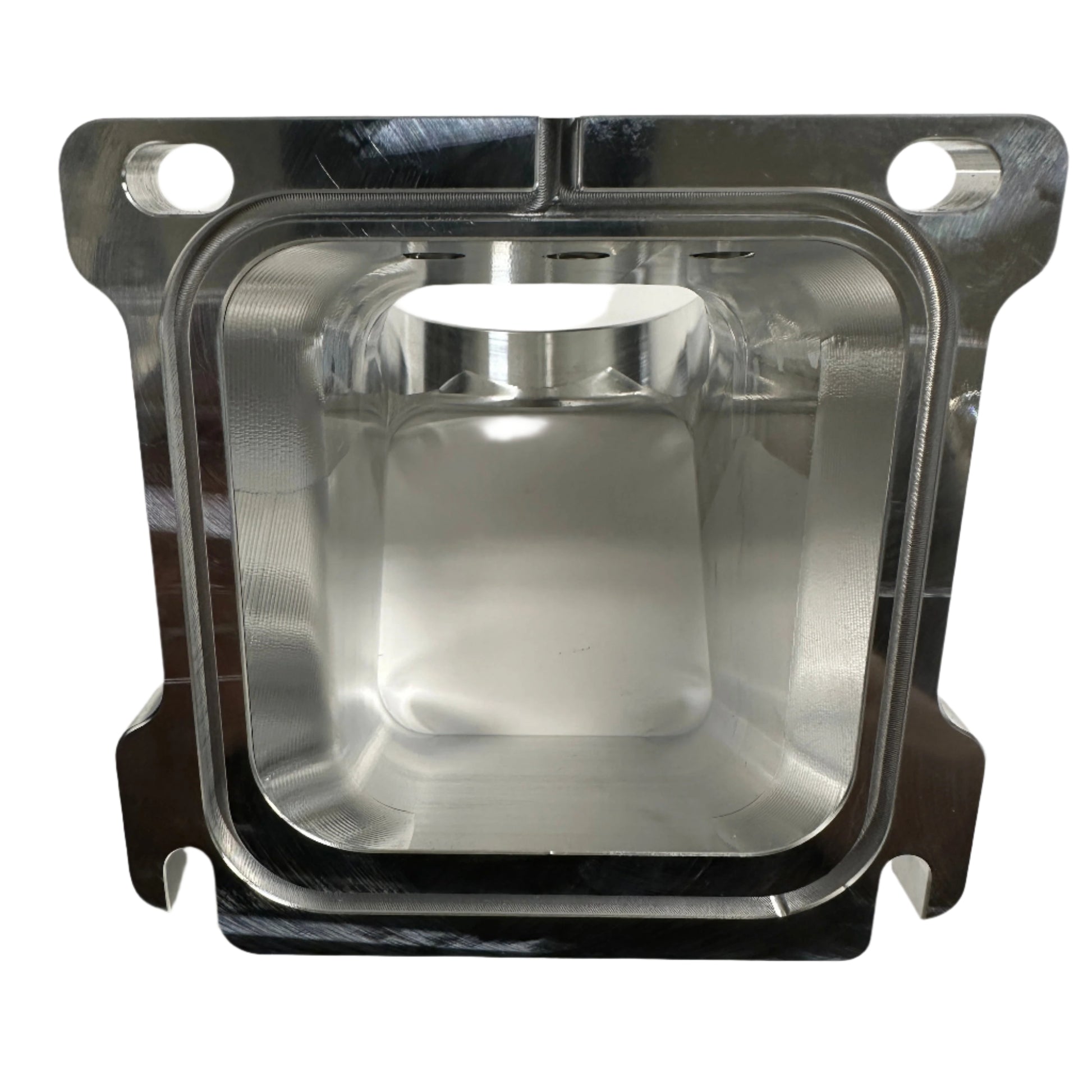 DP Customs Duramax billet Y bridge showing polished aluminum construction and precise machining for Duramax diesel engines.