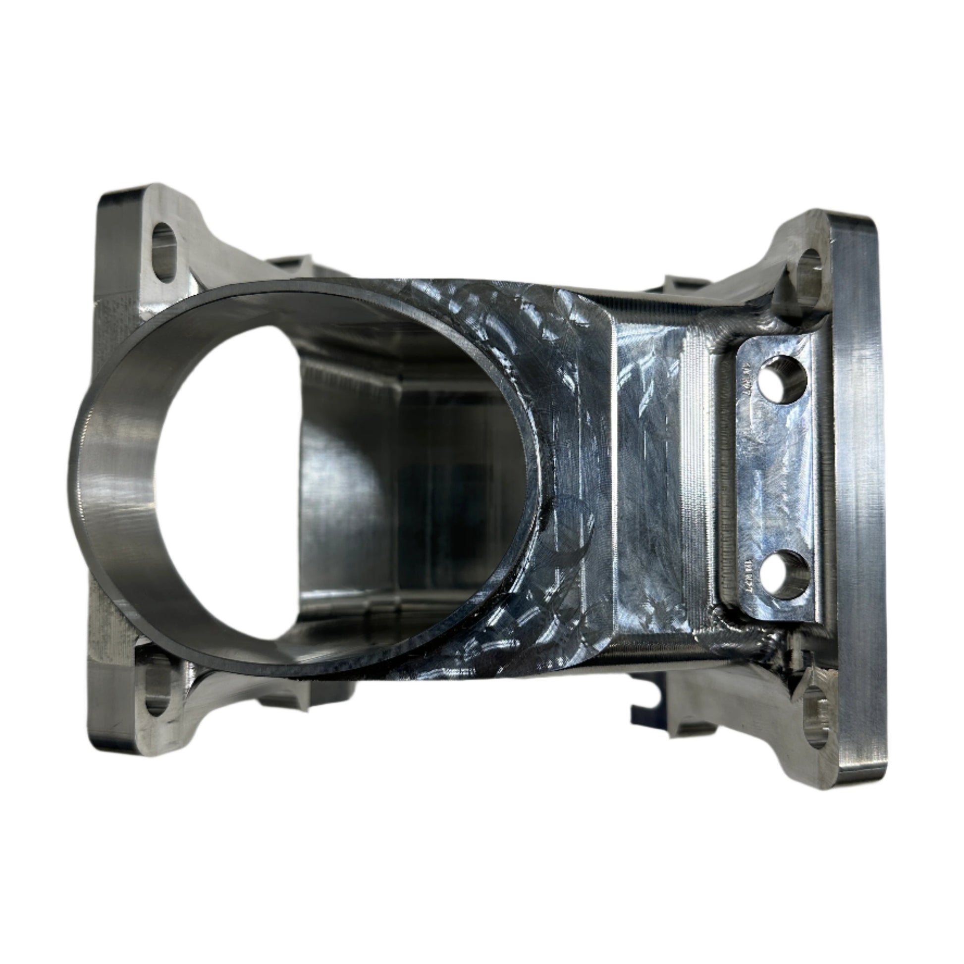 DP Customs Duramax Billet Y Bridge showing polished aluminum construction and precise machining for diesel engine intake manifold.