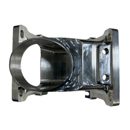 DP Customs Duramax Billet Y Bridge showing polished aluminum construction and precise machining for diesel engine intake manifold.