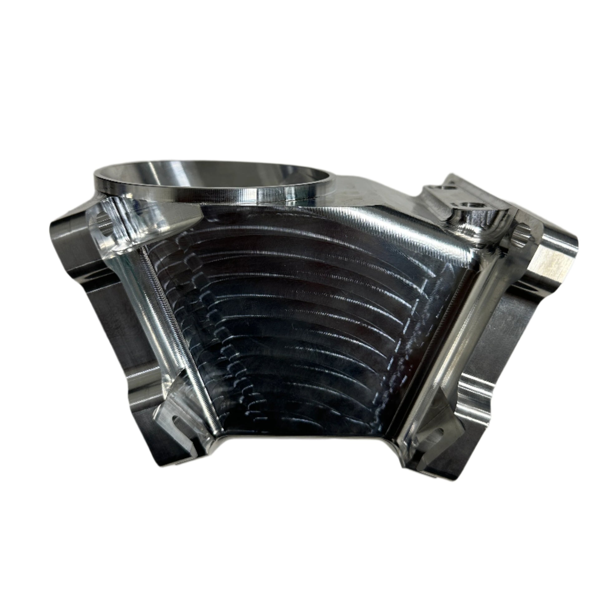 DP Customs Duramax billet Y bridge for diesel trucks, showing polished aluminum construction and precise machining.
