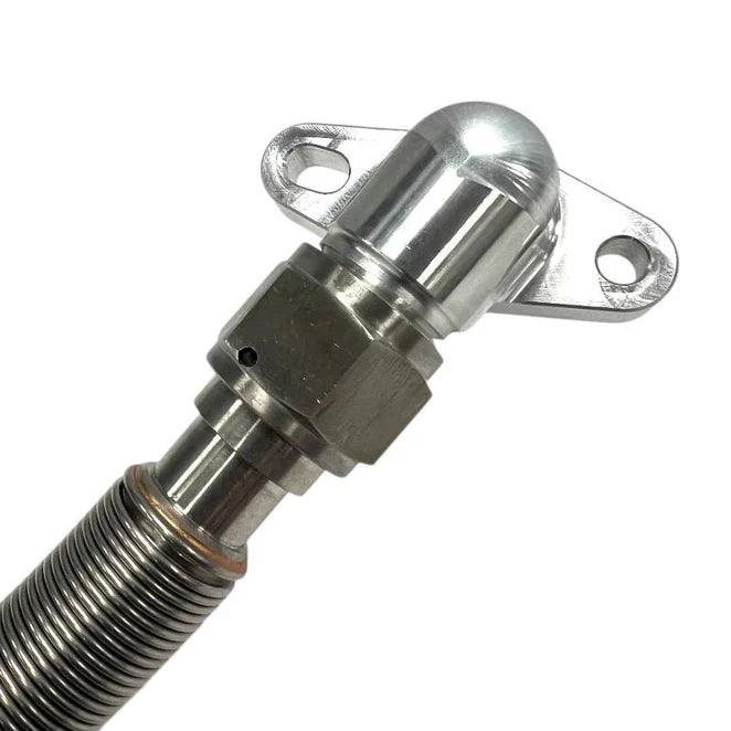 DP Customs Duramax S400 -12 Turbo Drain fitting, black metal with threaded end for diesel engine turbo oil drainage system.