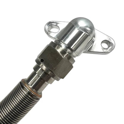 DP Customs Duramax S400 -12 Turbo Drain fitting, black metal with threaded end for diesel engine turbo oil drainage system.