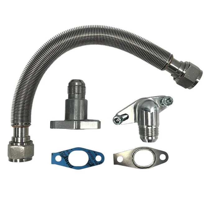 DP Customs Duramax S400 -12 Turbo Drain oil drain fitting with black finish, designed for Duramax diesel engines.