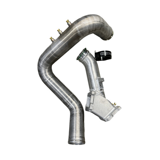 DP Customs Duramax S400 Coldside Assembly showing metal components and fittings for diesel truck performance upgrade.