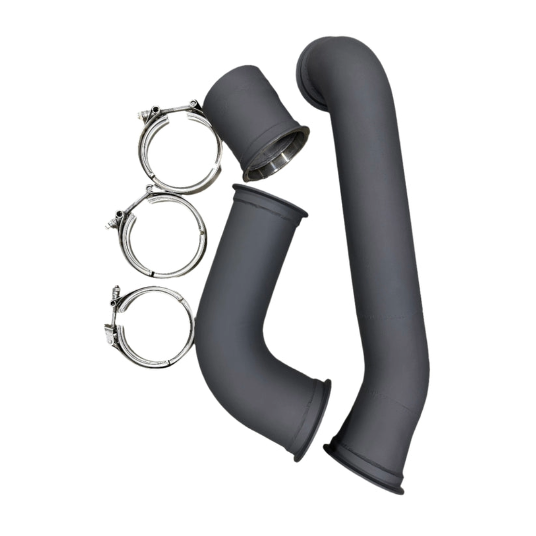 DP Customs Duramax S400 Downpipe showing polished metal construction and flange connection for diesel truck exhaust upgrade
