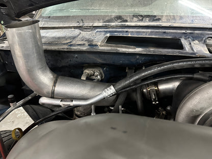 DP Customs Duramax S400 Hoodstack exhaust system installed on a diesel truck, showcasing the chrome finish and custom-fit design.