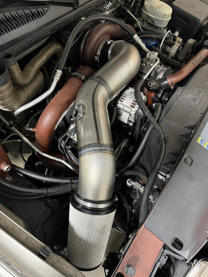 DP Customs Duramax S400 Intake system installed, showing the high-performance air intake with durable tubing for diesel engines.