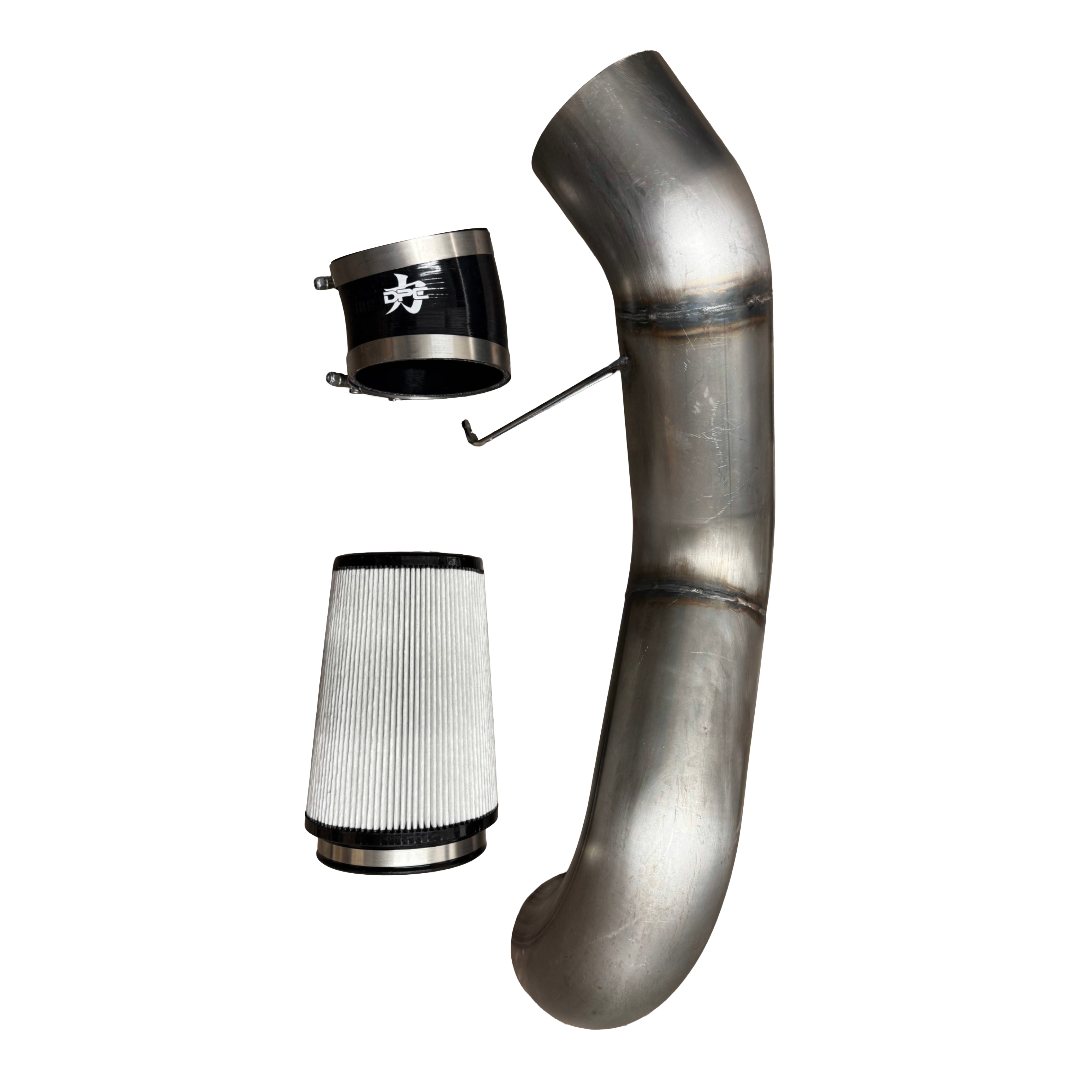 DP Customs Duramax S400 Intake system showing the polished metal intake pipe and filter assembly for diesel trucks.