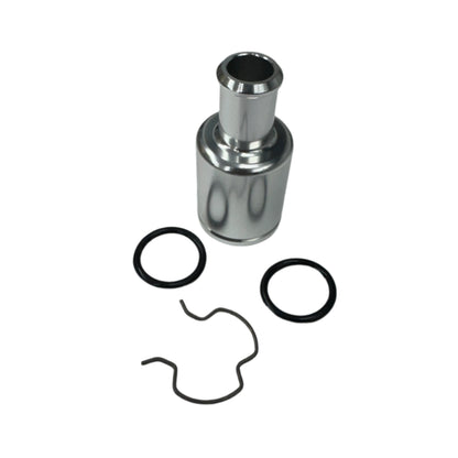 DP Customs GM 3/4 heater core fitting, metal automotive component with inlet and outlet ports for vehicle cooling system.
