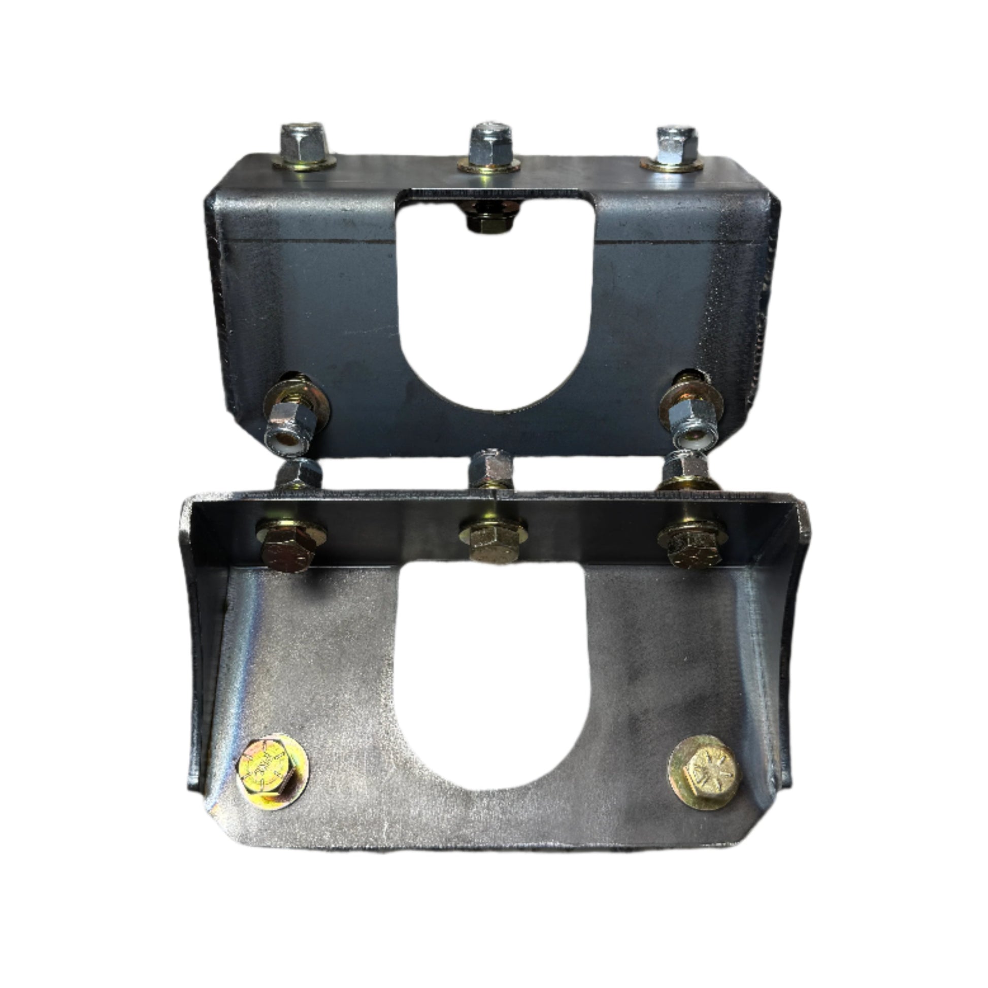 DP Customs GMT800 front leaf spring lower mount, automotive suspension component with mounting brackets and hardware.