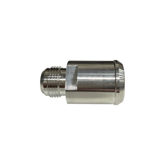DP Customs L5P Duramax Billet -10 AN rear thermostat adapter fitting, showing polished metal with detailed threading and branding.