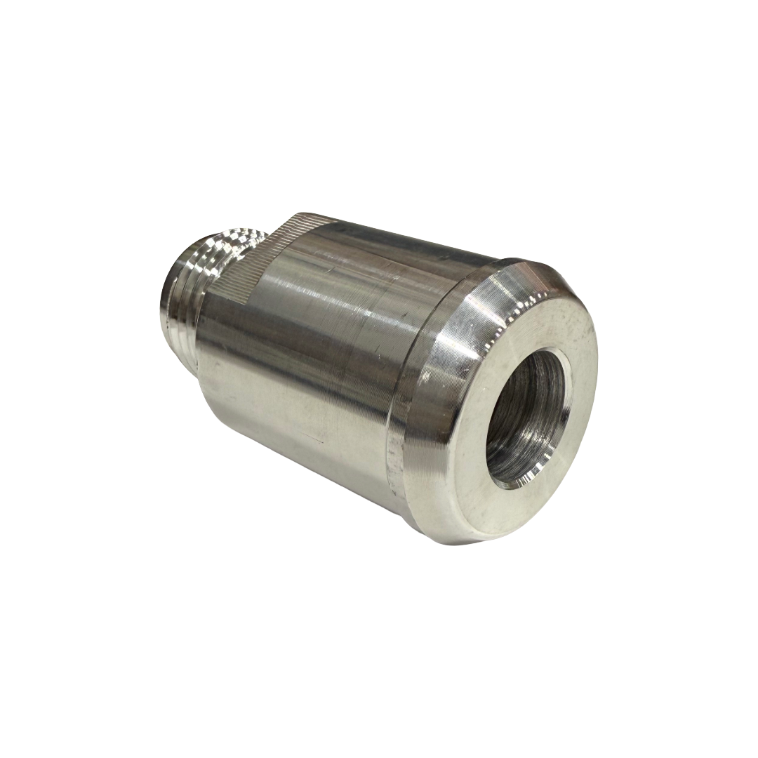 DP Customs L5P Duramax billet rear thermostat adapter fitting with -10 AN fittings, designed for Duramax L5P engines.