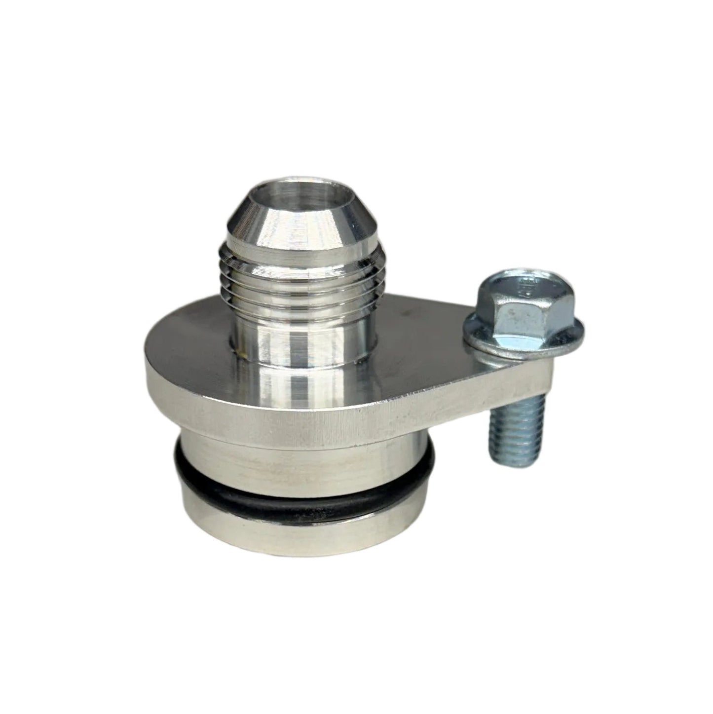DP Customs L5P Duramax billet side thermostat adapter fitting with -10 AN fitting for Duramax diesel trucks, durable metal construction.