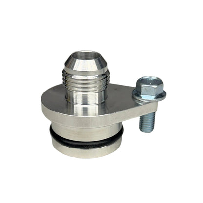 DP Customs L5P Duramax billet side thermostat adapter fitting with -10 AN fitting for Duramax diesel trucks, durable metal construction.