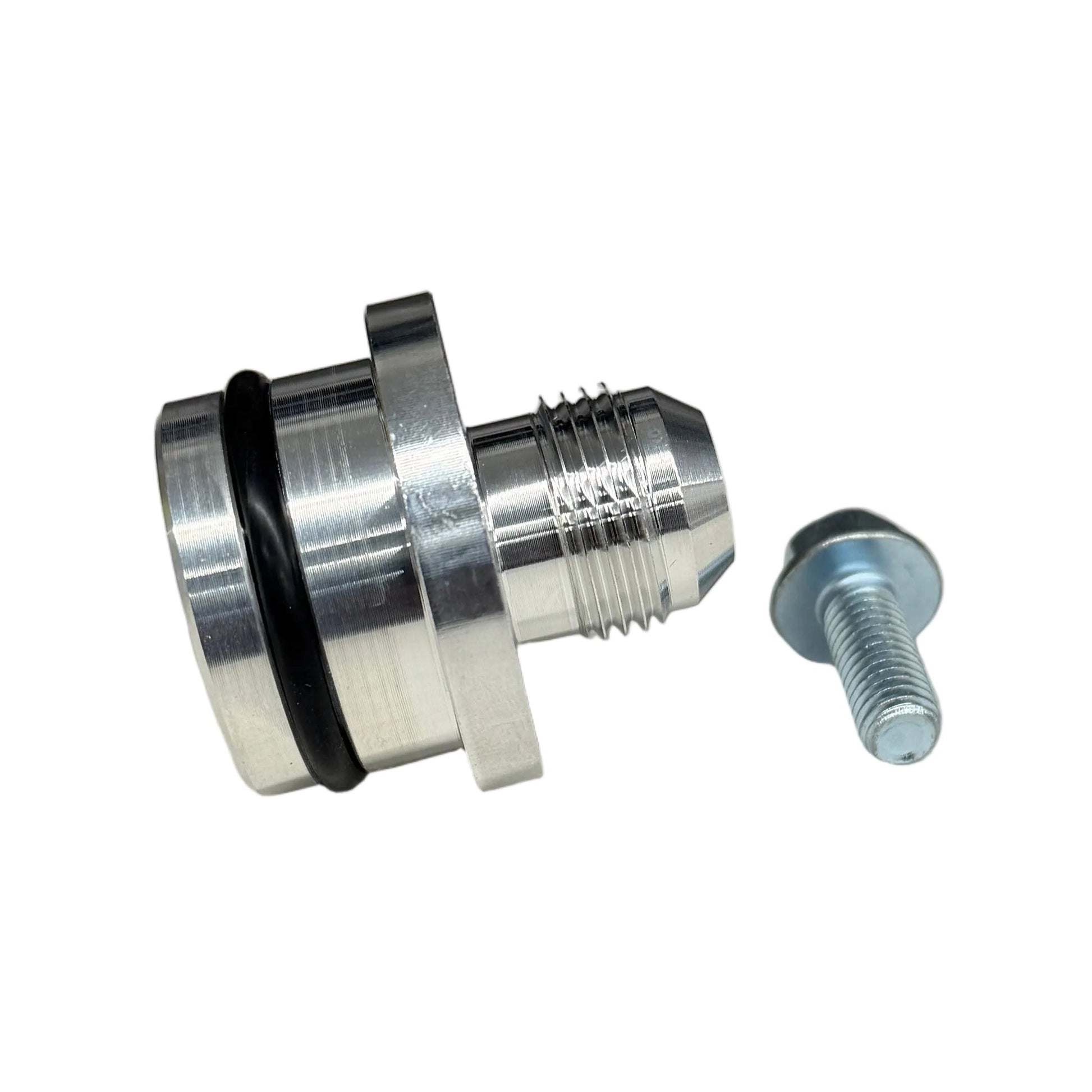 DP Customs L5P Duramax billet side thermostat adapter fitting with -10 AN fittings, shown installed on the engine.