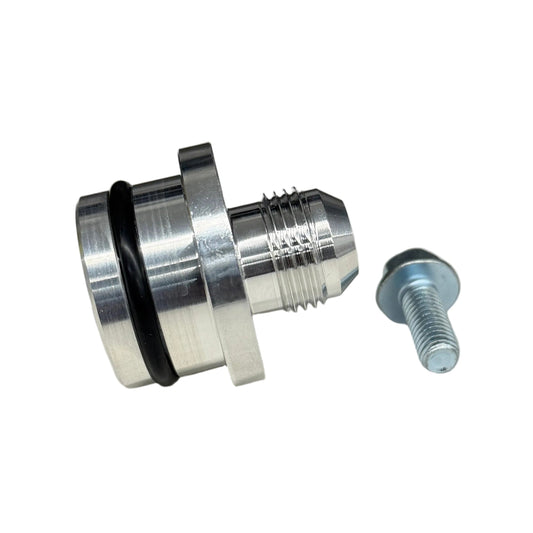 DP Customs L5P Duramax billet side thermostat adapter fitting with -10 AN fittings, shown installed on the engine.