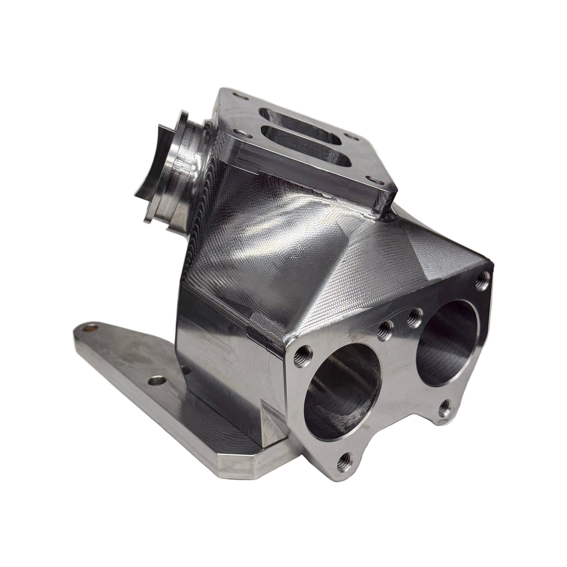 DP Customs L5P Duramax twisted billet T4 wastegate pedestal showing detailed metal craftsmanship and mounting features.