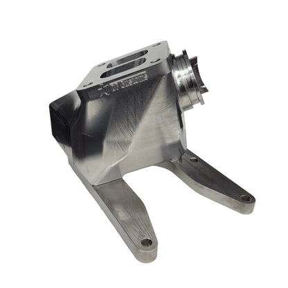 DP Customs L5P Duramax twisted billet T4 wastegate pedestal showing polished metal finish and mounting details.